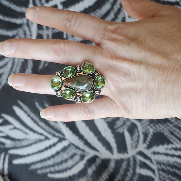 New Unakite and Tsavorite 925 Silver Statement Ring. - Picture 7 of 16